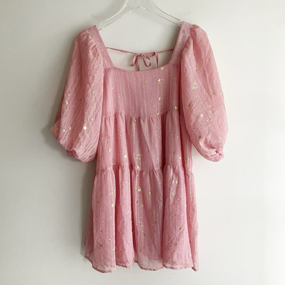 NWT Nasty Gal US 4 Starlight Tiered Mini Dress Puff Sleeve Pink Gold Star Print